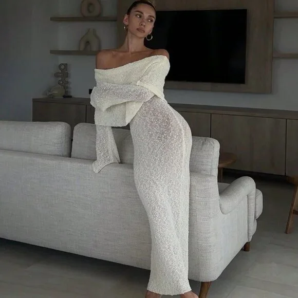 Sexy Women's Beach Vacation Style Plain Semi-Sheer off shoulder maxi Dress - Picture 8 of 10